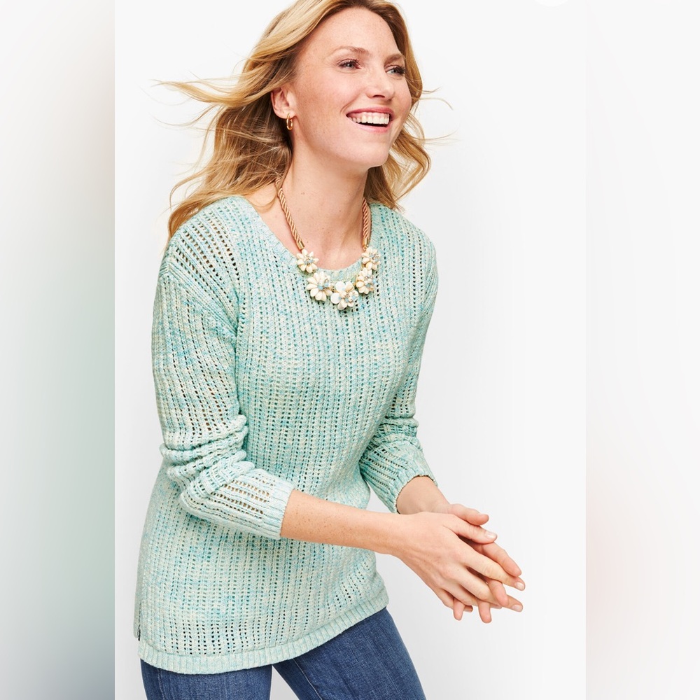 Talbots Women's Blue Open Knit Long Sleeve Crew Neck‎ Sweater Top Chunky Large